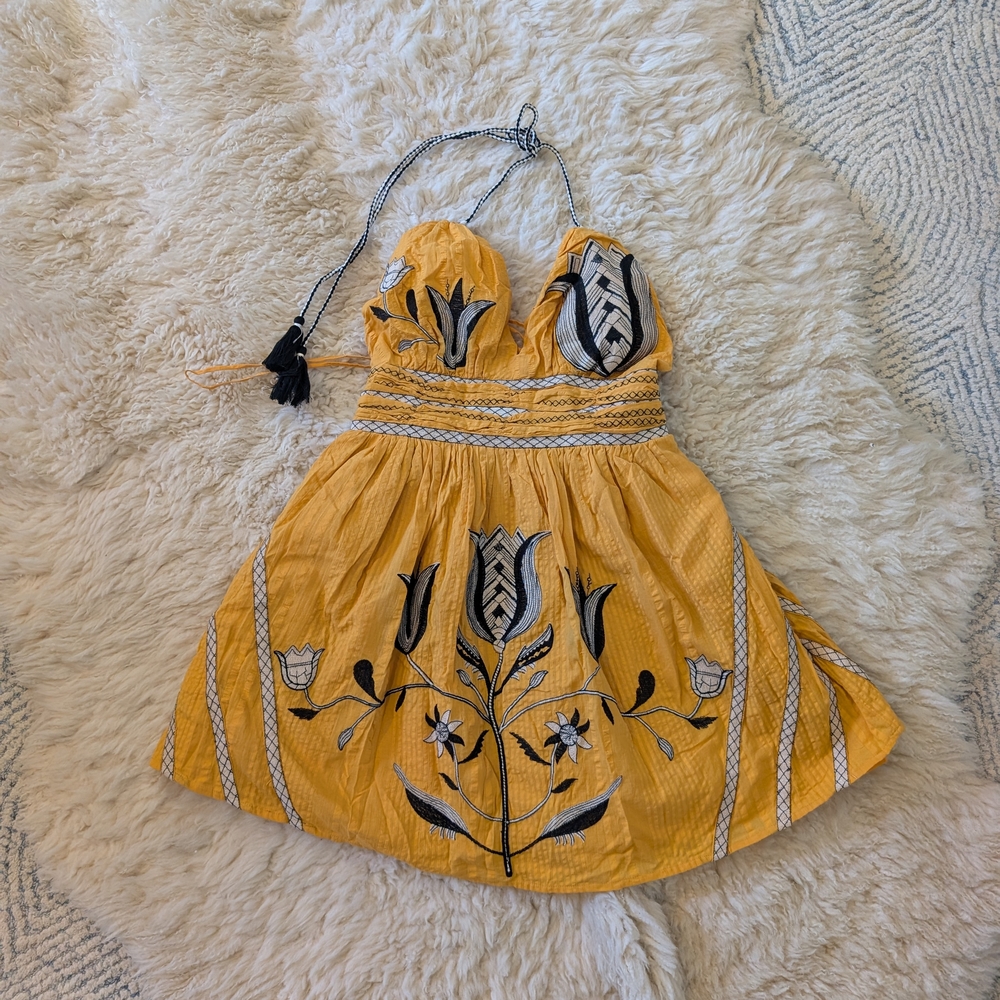 Yellow Embroidered Halter Summer Dress